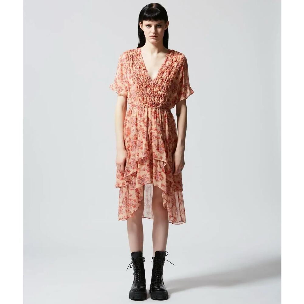 The Kooples Vintage Flowers Ruffle Tie Back Chiffon Muslin Midi Dress 3 L